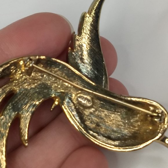 Bird Parrot Pin Brooch Green White Costume Jewelry Vintage Gold Tone Rhinestone - Picture 7 of 14